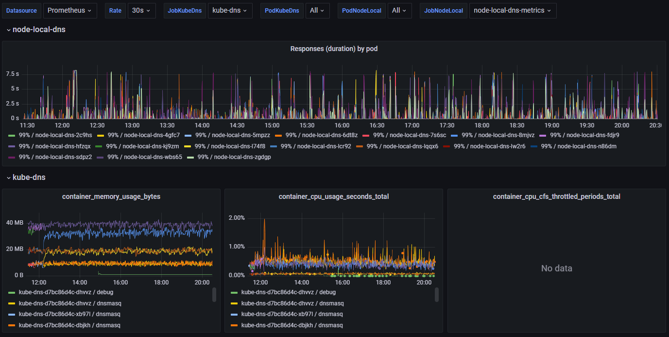 Graphs showing DNS response time on node-local-dns Pods and resource usage on kube-dns Pods.